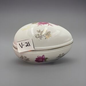 Vintage Lefton China Egg Shaped Trinket‎ Box W/Hand Painted Roses W/ Gold Trim